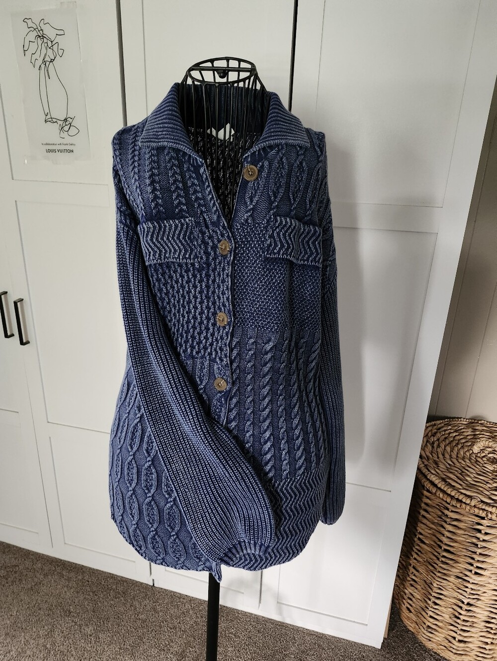 Tribal Blue Washed Out Textured Cable-Stitch Button Cardigan xs